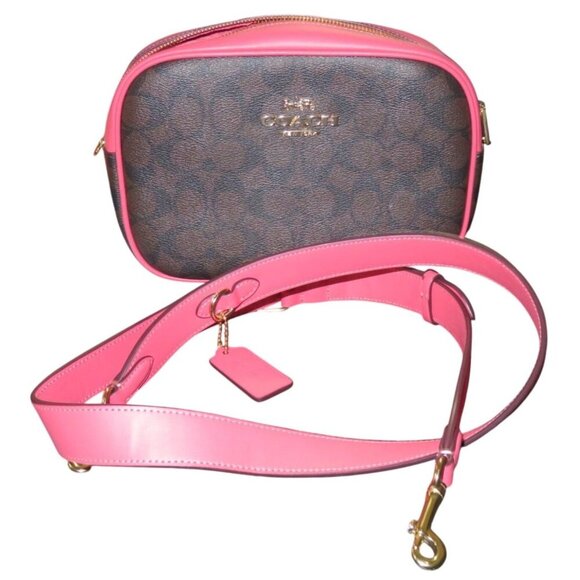 COACH JAMIE Signature Coated Canvas & Leather Crossbody Handbag Watermelon Pink - Picture 1 of 13